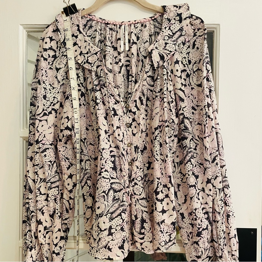 Anthropologie Pink Floral Ruffle Button DownV-NeckSizeMedium/NWOT - Picture 6 of 13